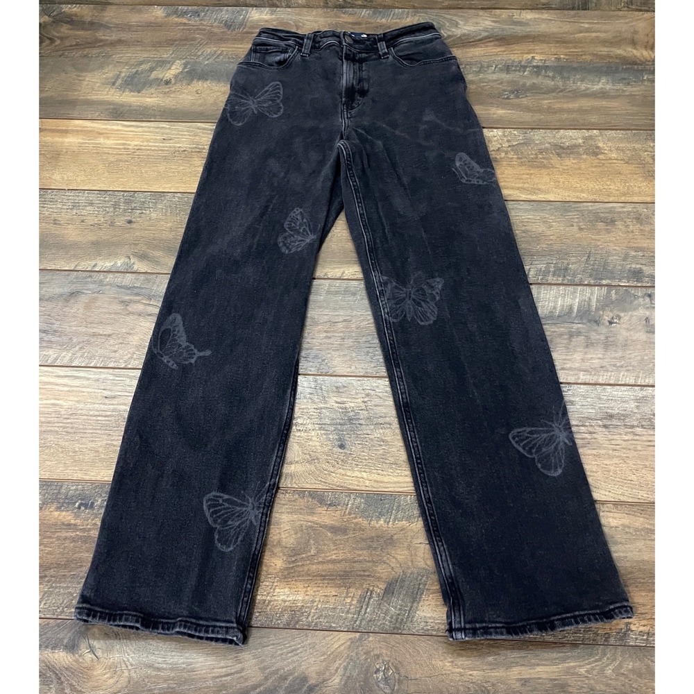 Hollister Ultra High-Rise Dad Jeans Black Butterfly Size 26 Stretch Grunge Y2K